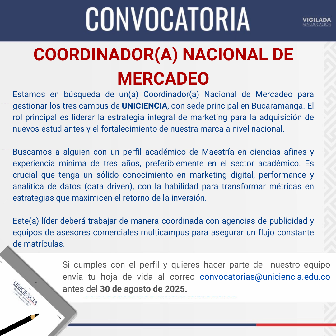 Convocatoria Coordinador Nacional De Mercadeo - Bucaramanga Agosto 2025  