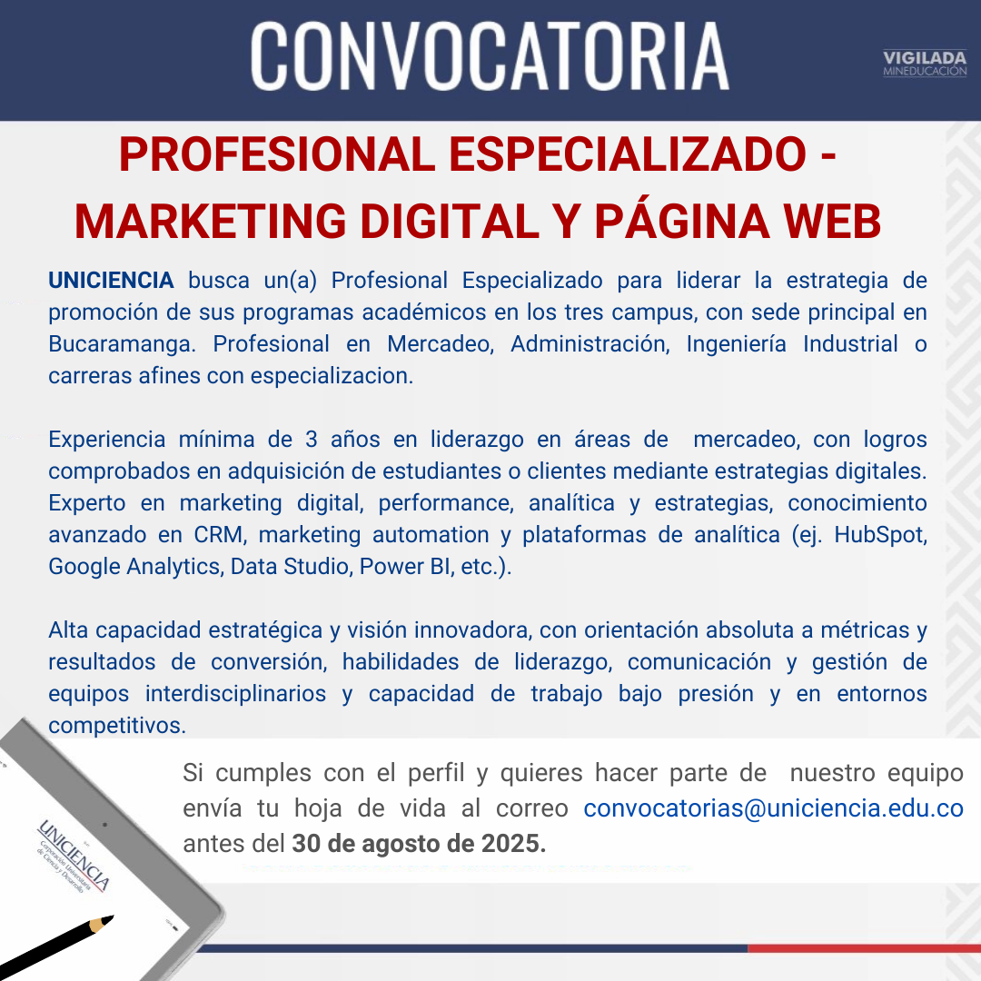 Convocatoria Profesional Especializado En Marketing Digital Y Página Web - Bucaramanga Agosto 2025