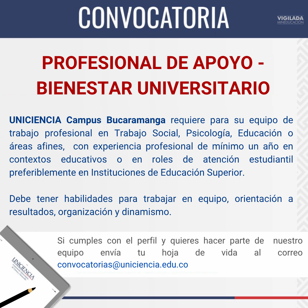 Convocatoria Profesional de Apoyo - Bienestar Universitario - Bucaramanga Mayo 2026 